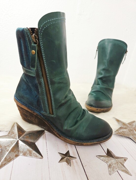 Fly London Shoes - Fly London Simi wedge boots teal green blue suede leather distressed women's 39